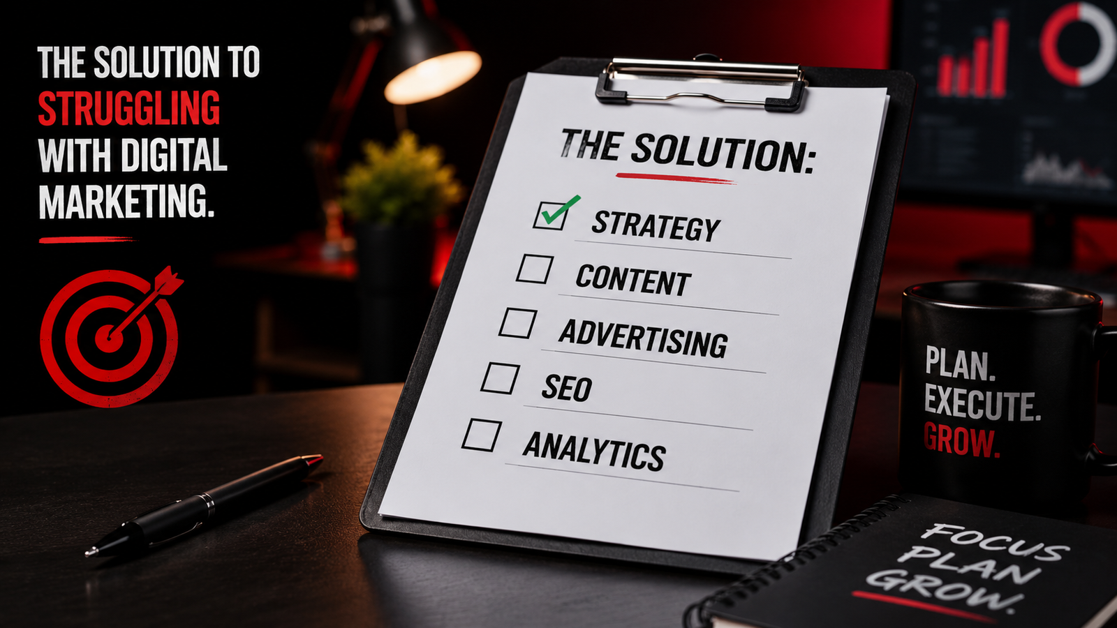  A checklist with a green checkmark next to "Strategy." Alt Text: "Solution to struggling with digital marketing includes a clear strategy
