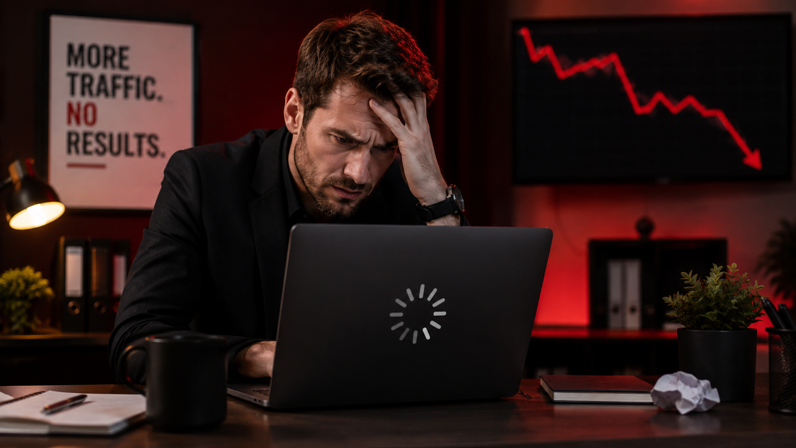 Business owner frustrated while struggling with digital marketing campaign results on laptop